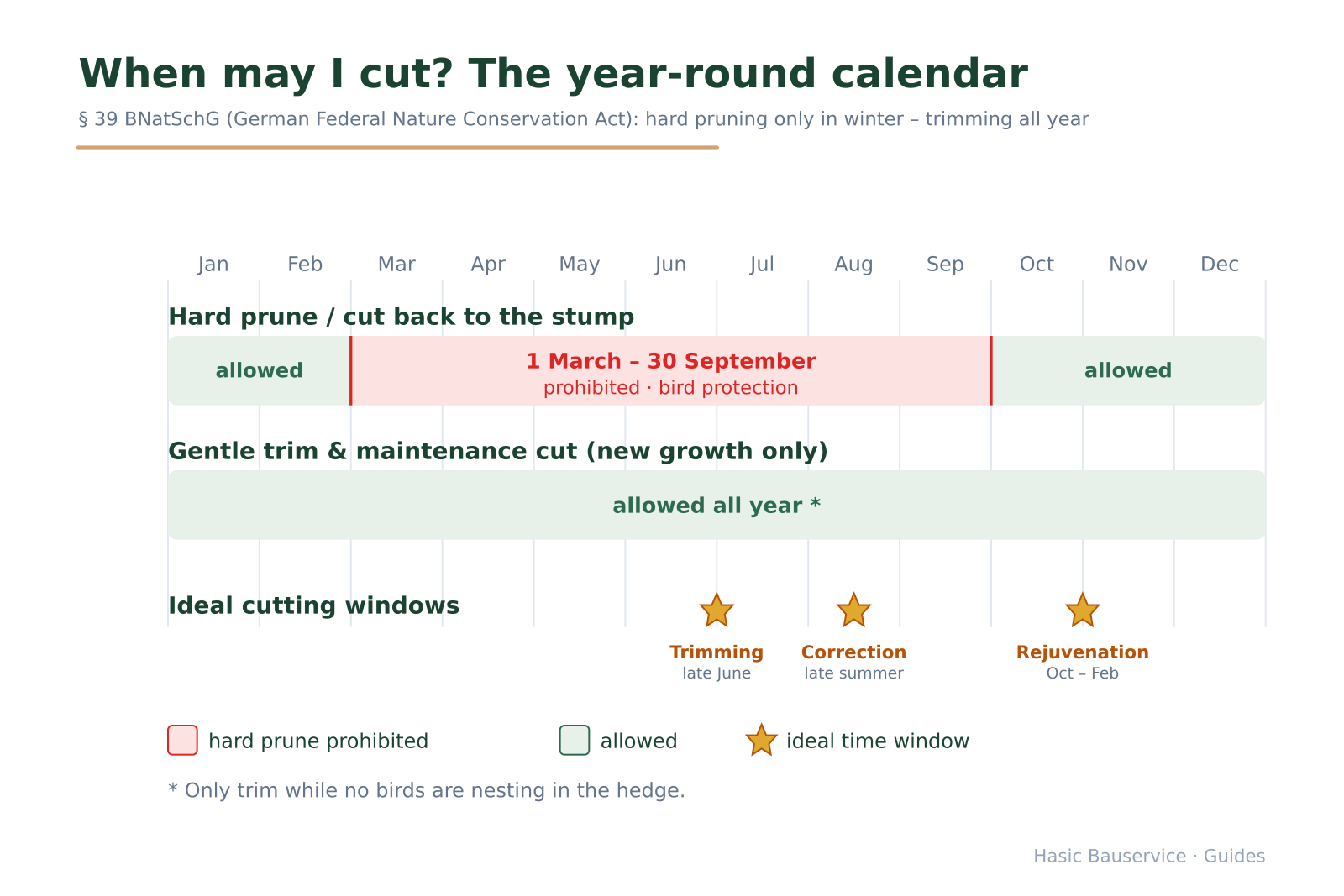Twelve-month timeline with the March–September ban period marked red and stars for the ideal cutting windows.