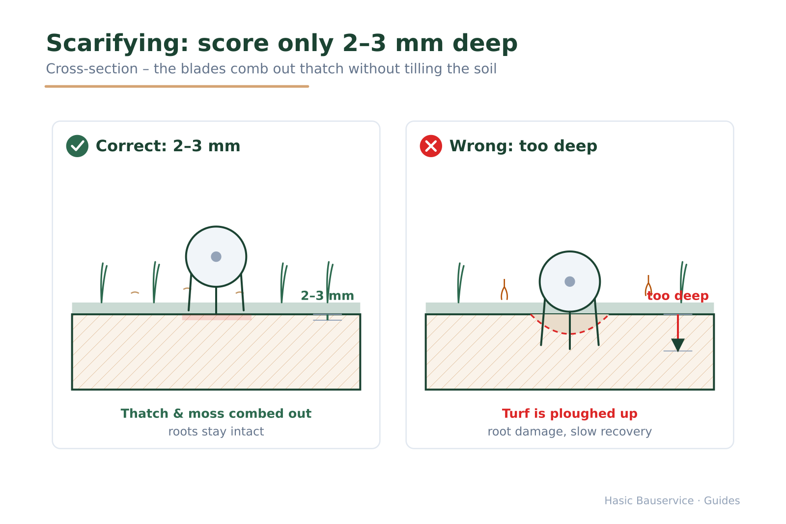 Right/wrong cross-section of the scarifier blades: shallow 2–3 mm scoring versus an over-deep cut damaging the roots.