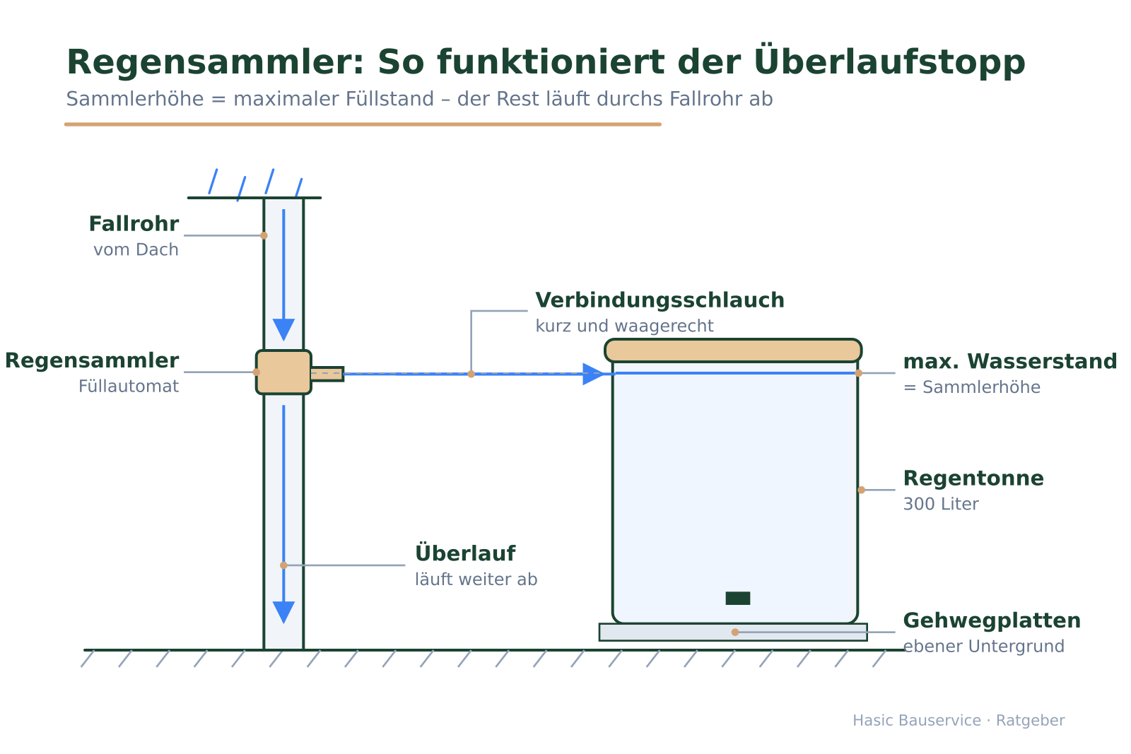 Schema: Fallrohr mit Regensammler, Schlauch zur Regentonne, Wasserlinie auf Sammlerhöhe als Überlaufstopp.