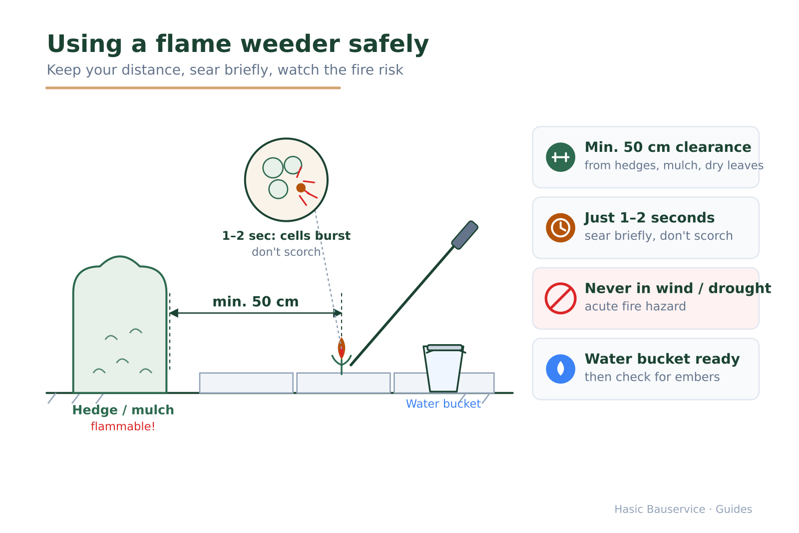 Sketch of a flame weeder at a paving joint with a 50 cm clearance to a hedge, a detail circle 'cells burst' and four safety notes.
