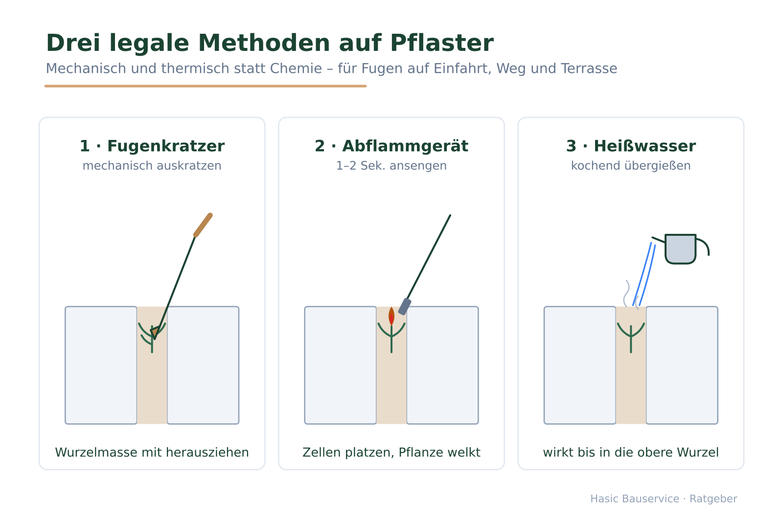 Drei Panels zeigen Fugenkratzer, Abflammgerät und Heißwasser jeweils an einer Pflasterfuge mit Unkraut.